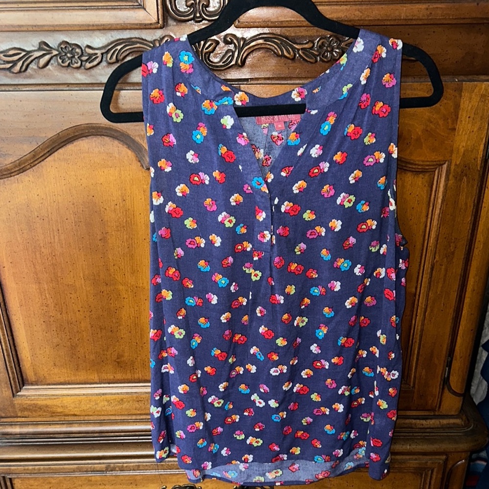 Blue and Red Sleeveless Blouse with  multi colored flower pattern